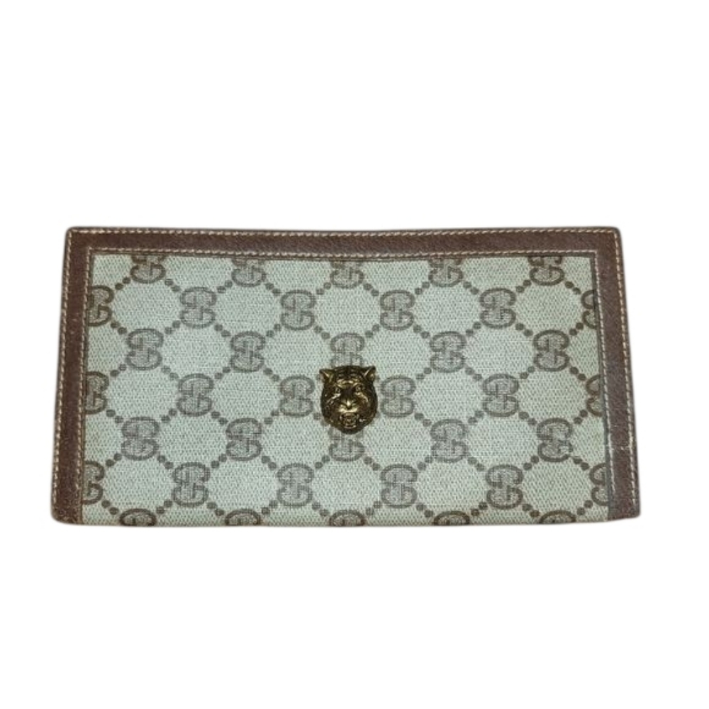 Gucci Gg Supreme Beige/Brown Canvas Cat Animalier Wallet Like New Authentic